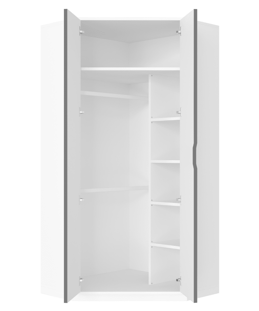 White wardrobe with open doors on a white background