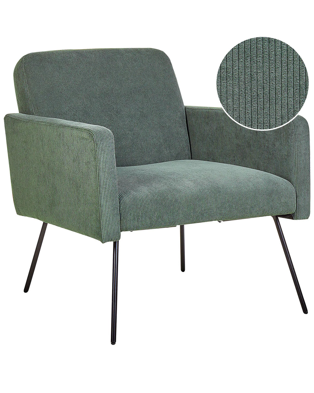 Green armchair with close-up of fabric texture on a white background