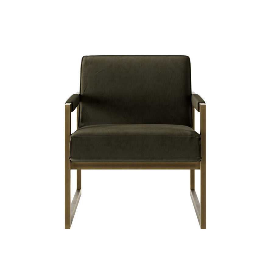 Green armchair with wooden frame on a white background