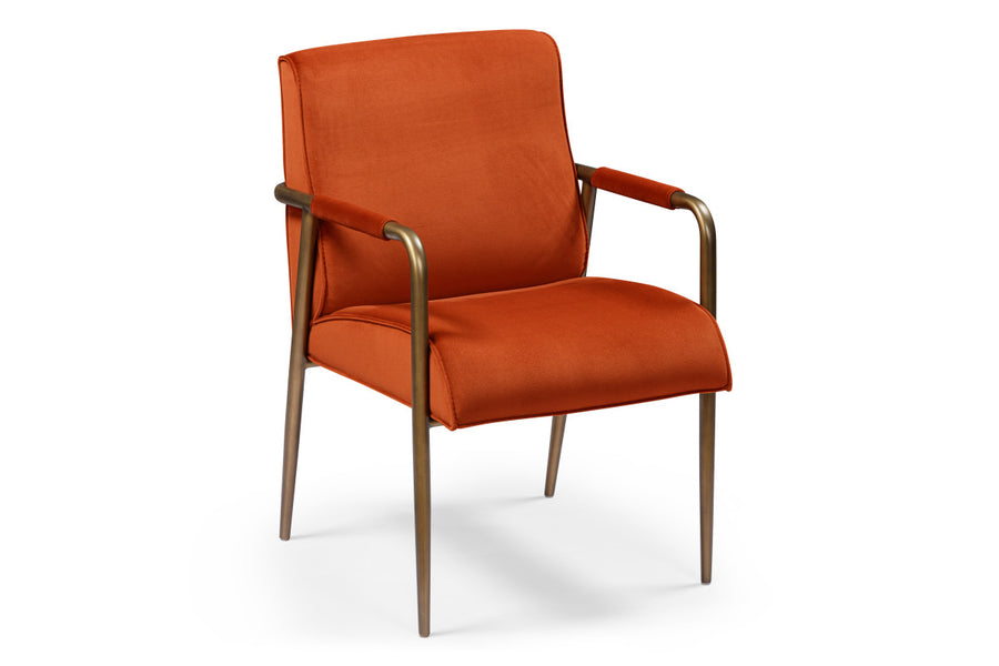 Orange armchair with bronze frame on a white background
