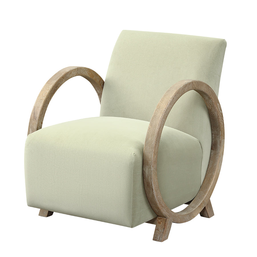 Light green armchair with wooden armrests on a white background