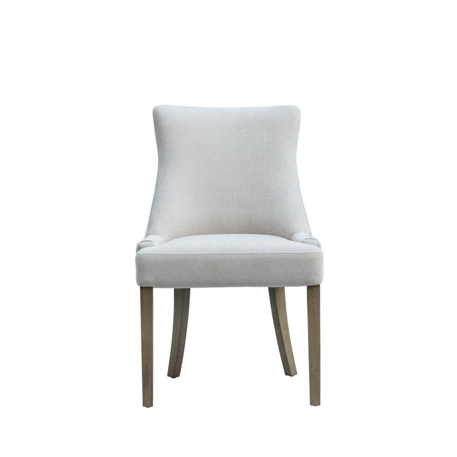 Light gray upholstered chair with wooden legs on a white background