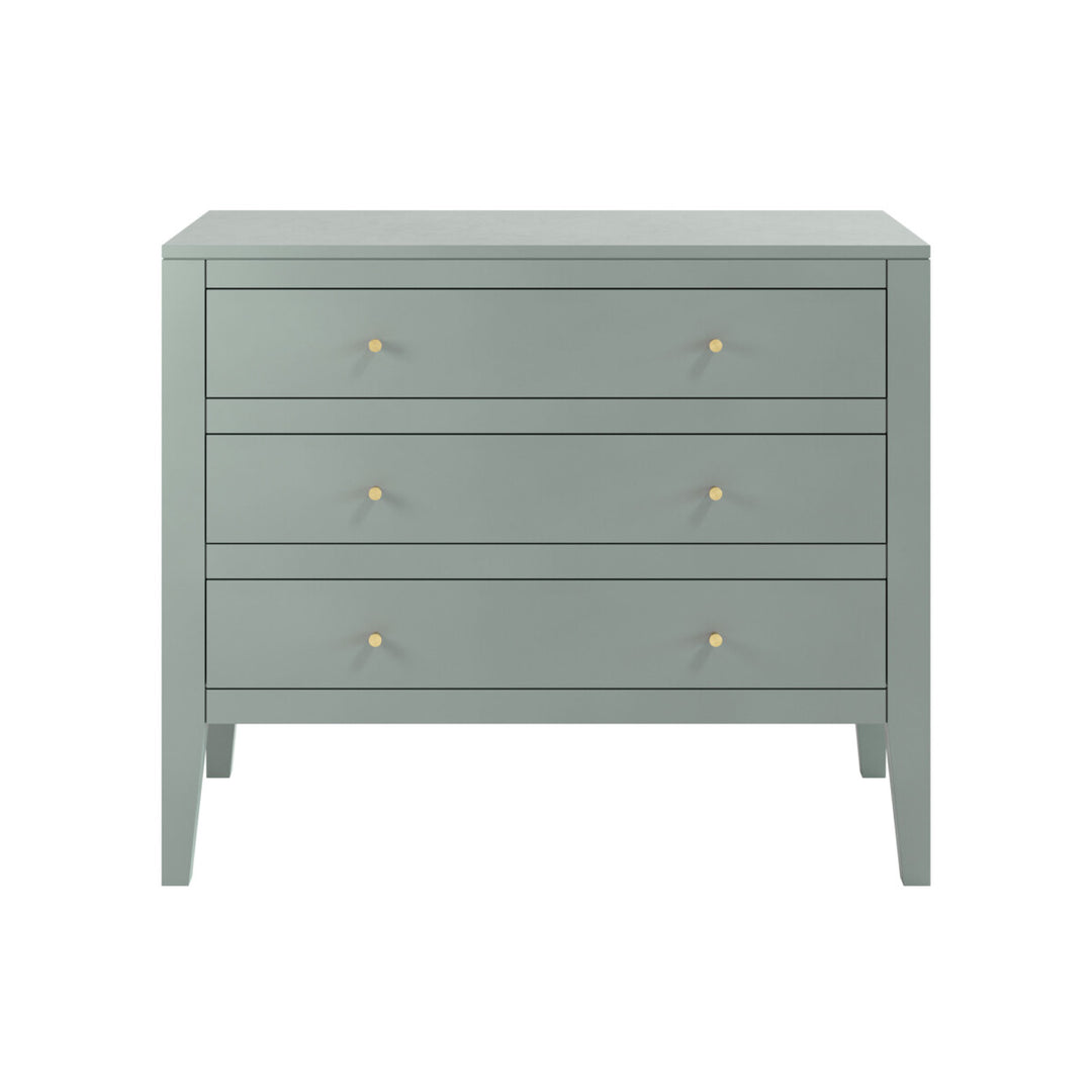 Gray dresser with three drawers on a white background