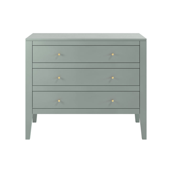 Gray dresser with three drawers on a white background