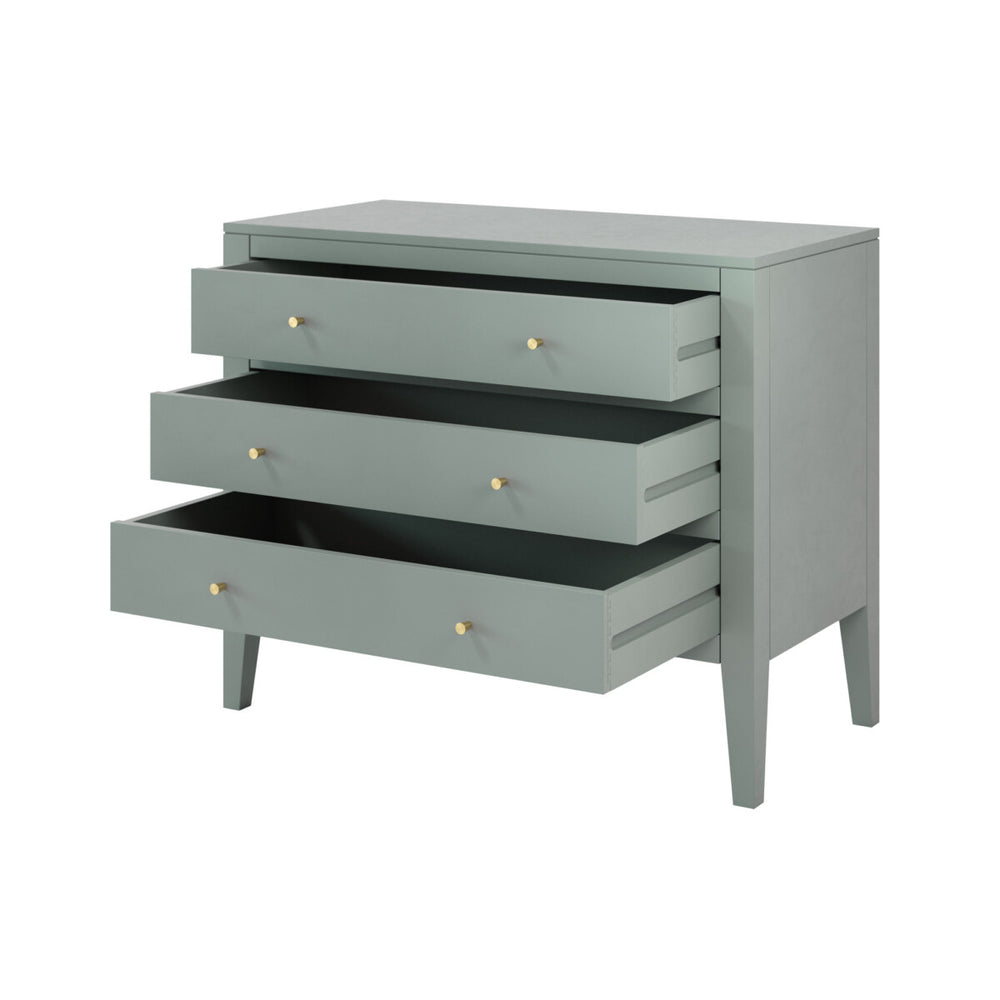 Gray dresser with four drawers on a white background