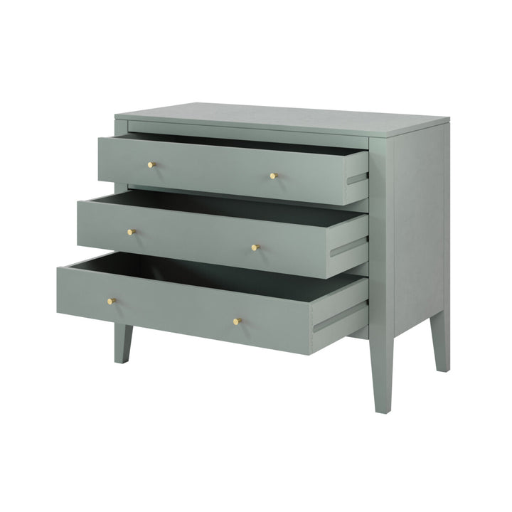 Gray dresser with four drawers on a white background