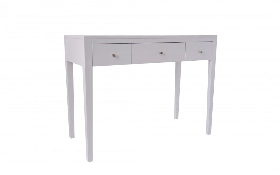 White desk with three drawers on a white background
