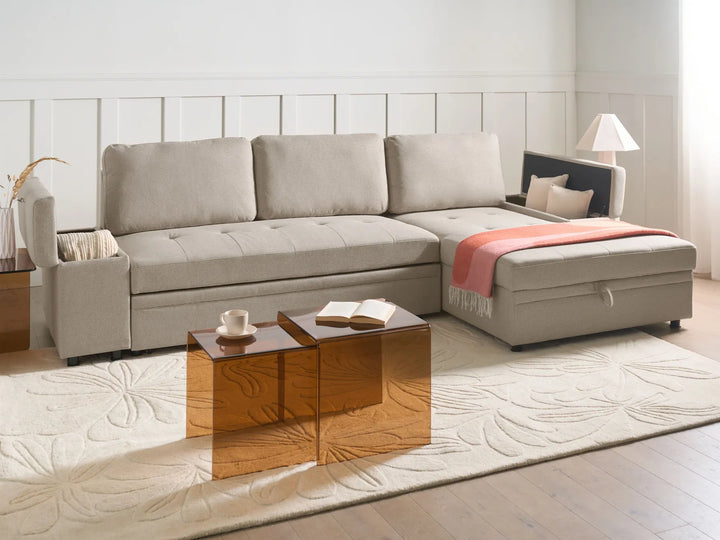 Corner Sofa Bed 3 Seater HRISEY Faux Linen Beige Left Hand