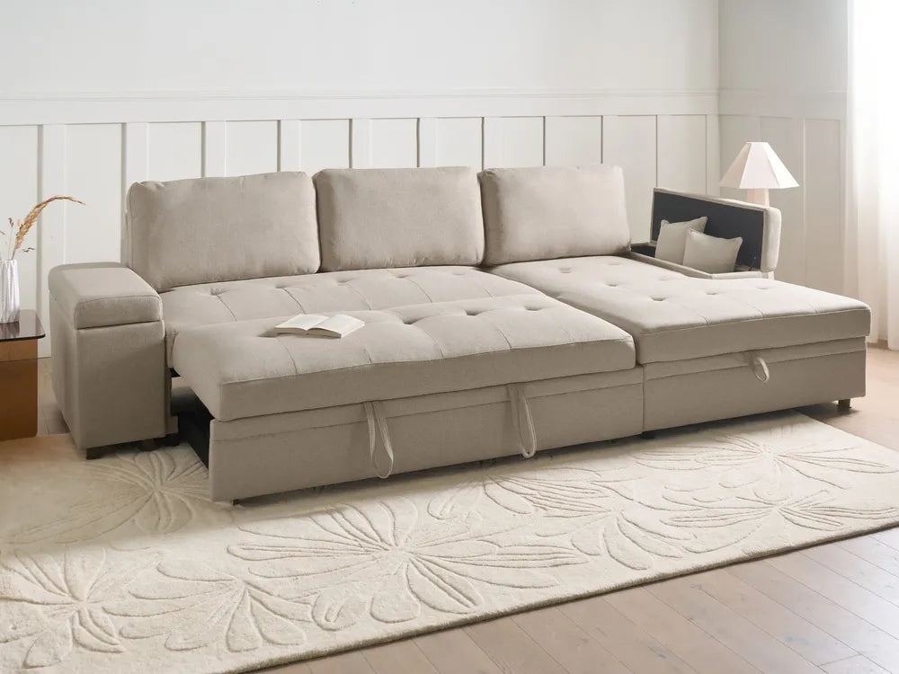 Corner Sofa Bed 3 Seater Faux Linen Beige Left Hand Standridge