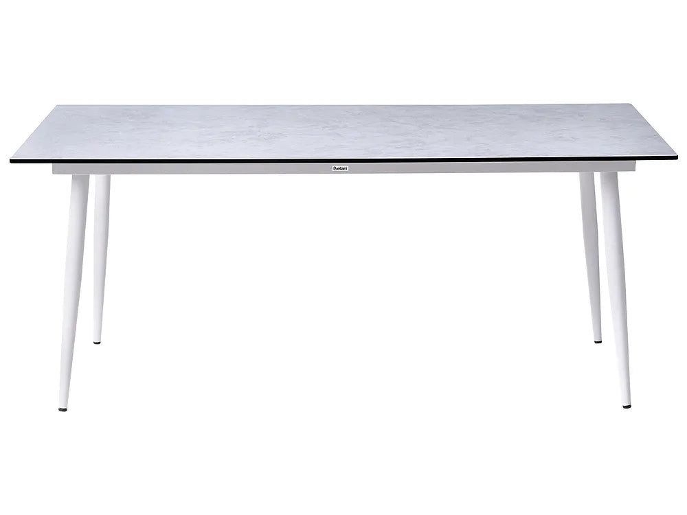A modern rectangular table with a light gray marble-patterned top and slim white legs, shown against a plain white background.