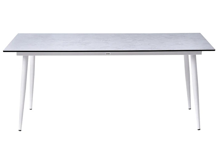 A modern rectangular table with a light gray marble-patterned top and slim white legs, shown against a plain white background.