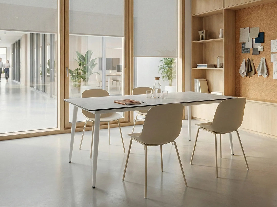 A modern dining table with a white top and white legs, surrounded by four light beige chairs in a bright, contemporary office or dining room with large windows and wooden shelving.