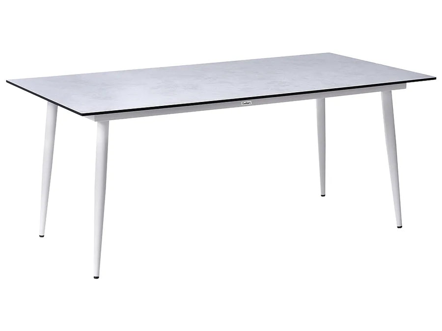 A modern rectangular table with a light gray stone or laminate top and slim white metal legs, shown on a plain white background.