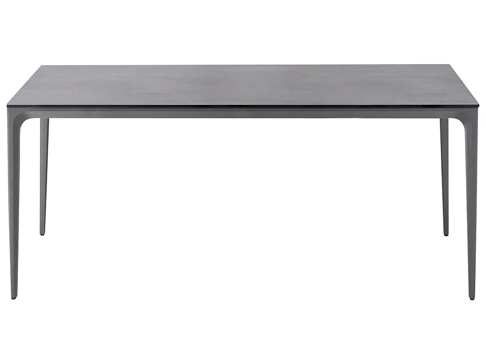 A dark gray rectangular dining table with slim, tapered legs, shown from a front angle on a solid white background.