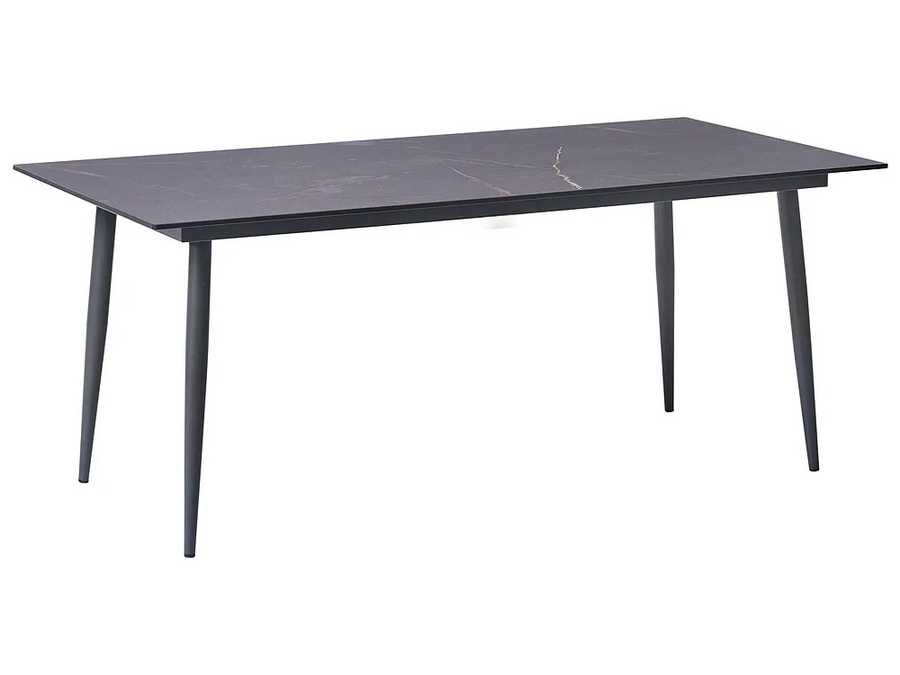 A rectangular dining table with a dark charcoal gray stone-look top featuring subtle white veining, supported by four tapered black metal legs, shown on a plain white background.