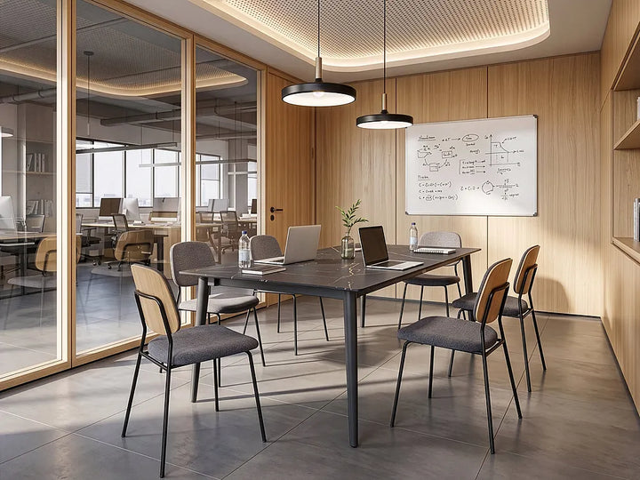 A modern meeting room setup featuring a dark rectangular conference table surrounded by gray upholstered chairs with light wood backs. The room has light wood-paneled walls, a whiteboard with diagrams, and pendant lights.