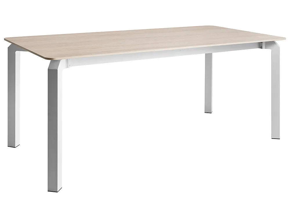 A modern rectangular table with a light beige wood-grain top and a white metal frame with four legs, shown on a solid white background.