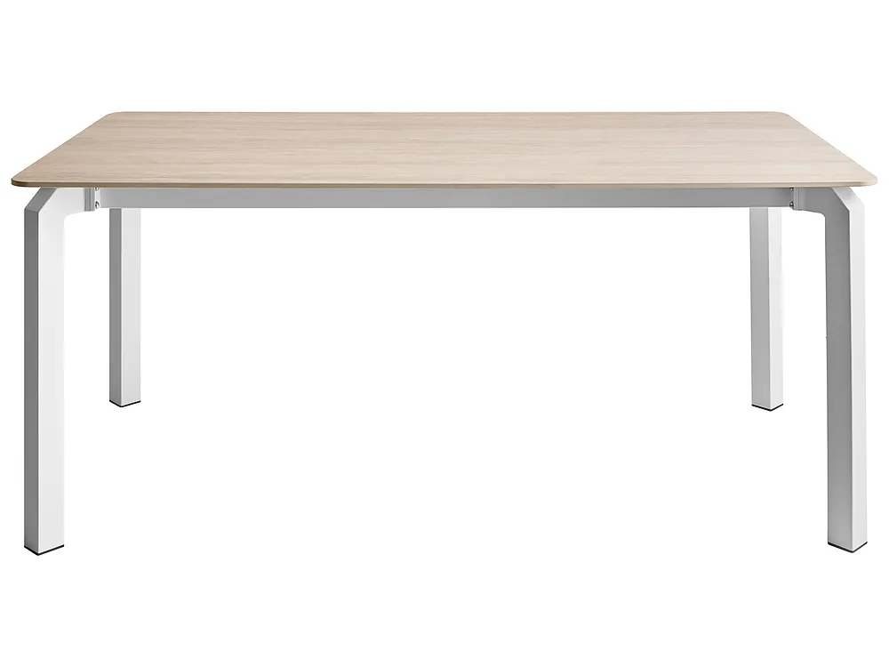 A modern rectangular table with a light beige wood-grain top and a white metal frame with four legs, shown against a plain white background.
