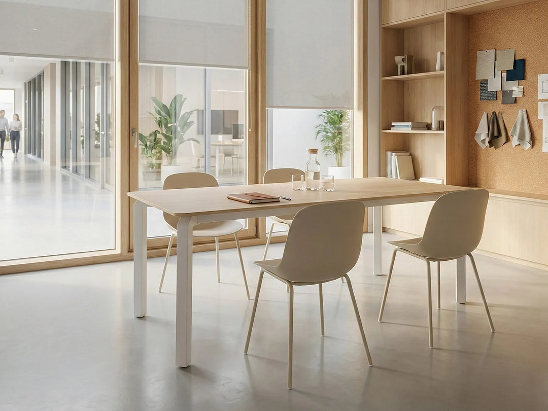 Modern office setting with a long white table and beige chairs in a bright room.