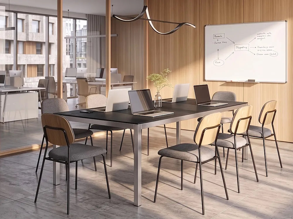A modern conference room setup featuring a long rectangular black table with a silver metal frame, surrounded by eight chairs with light wood backs and gray upholstered seats. Several laptops are open on the table, and a whiteboard is mounted on the wood-paneled wall in the background.