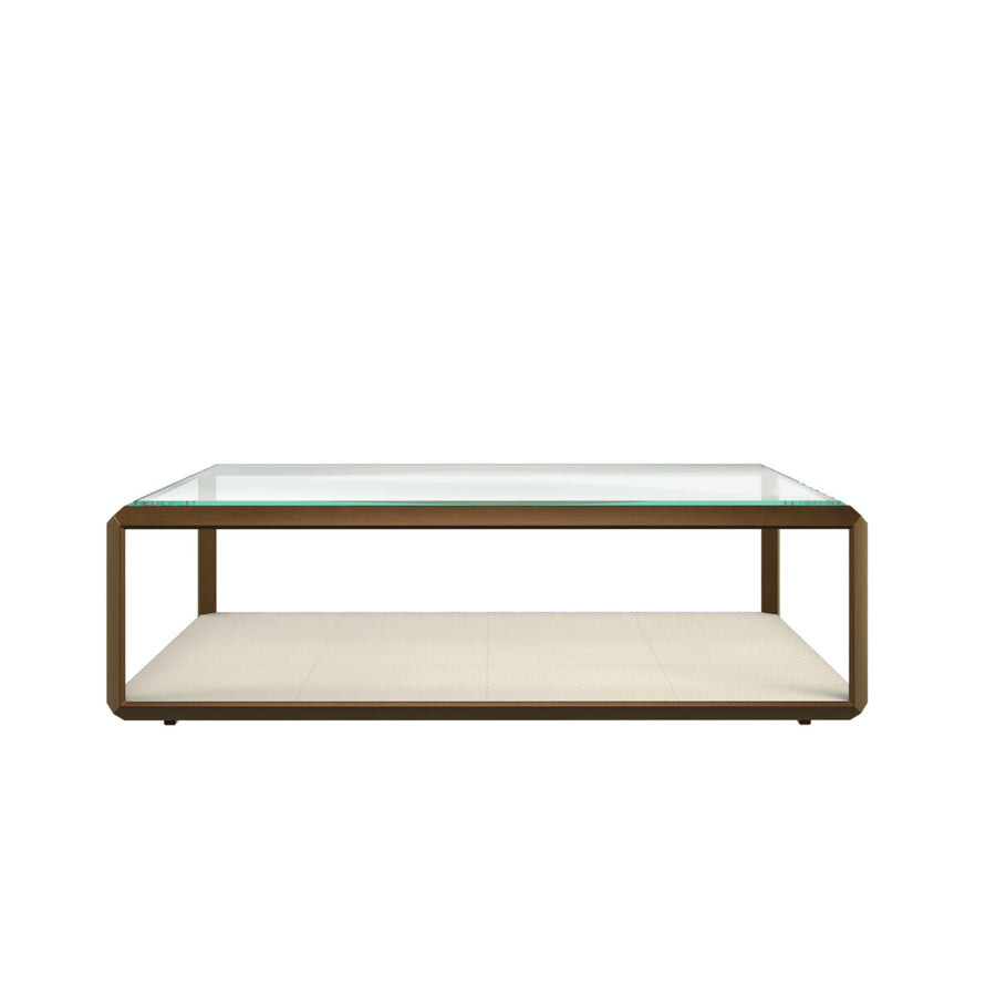 Coffee table with glass top and wooden frame on a white background