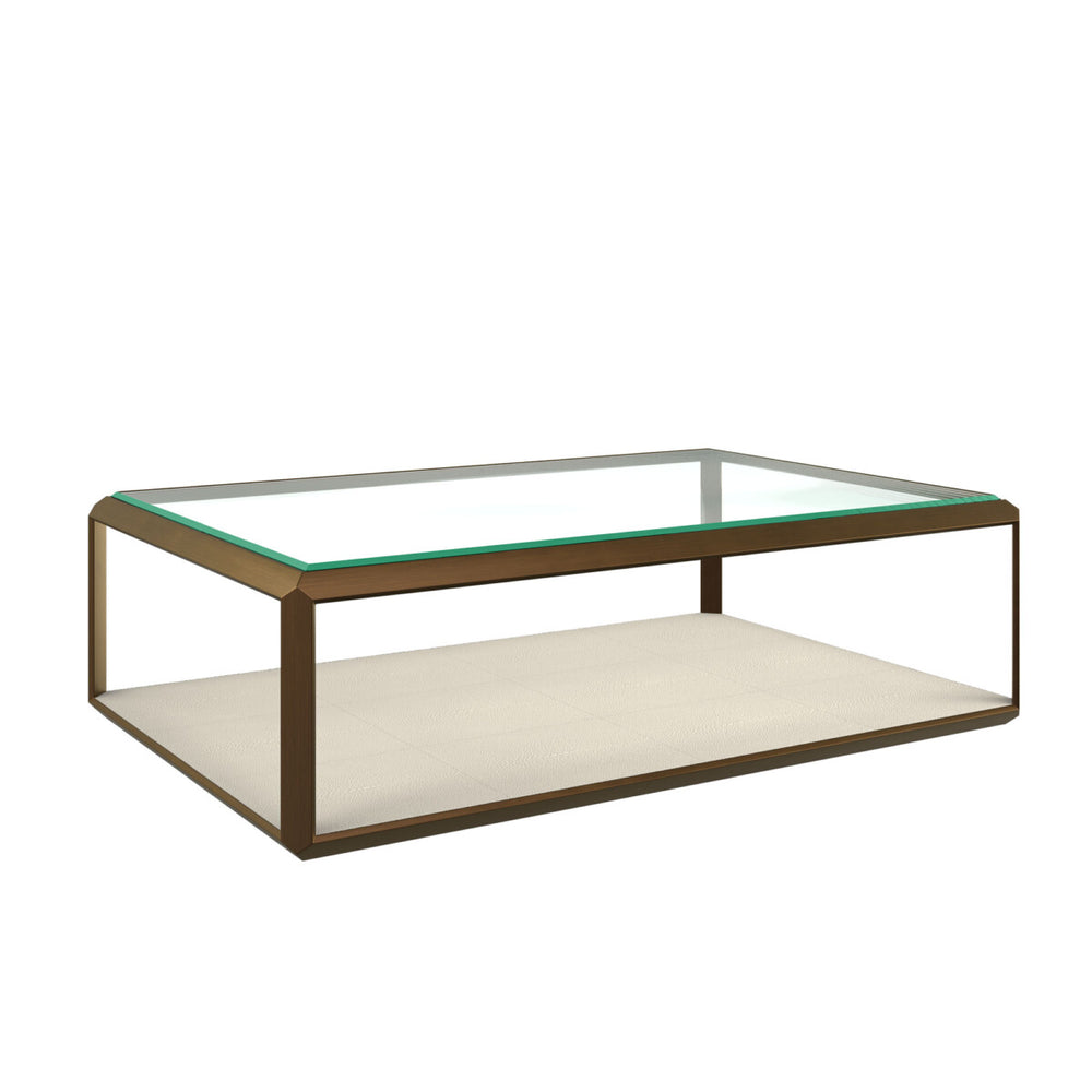 Coffee table with glass top and wooden frame on a white background
