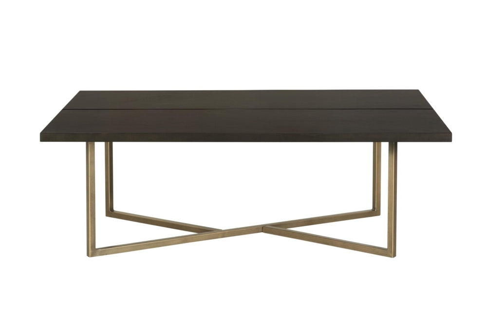 Rectangular coffee table with a dark top and gold metal legs on a white background