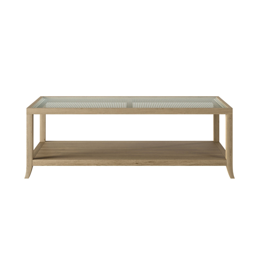 Wooden coffee table with glass top on a white background