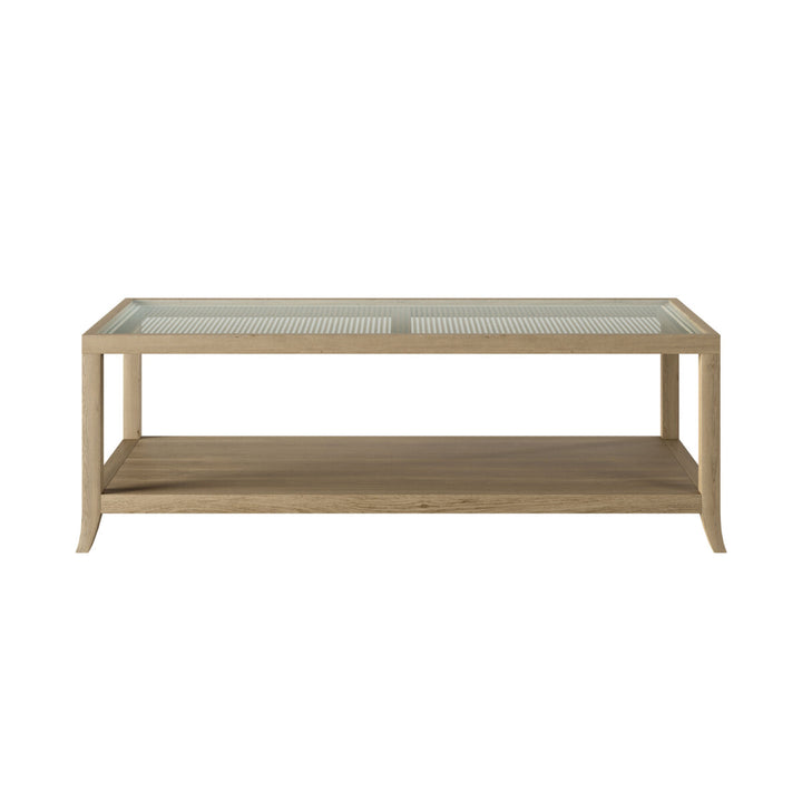 Wooden coffee table with glass top on a white background