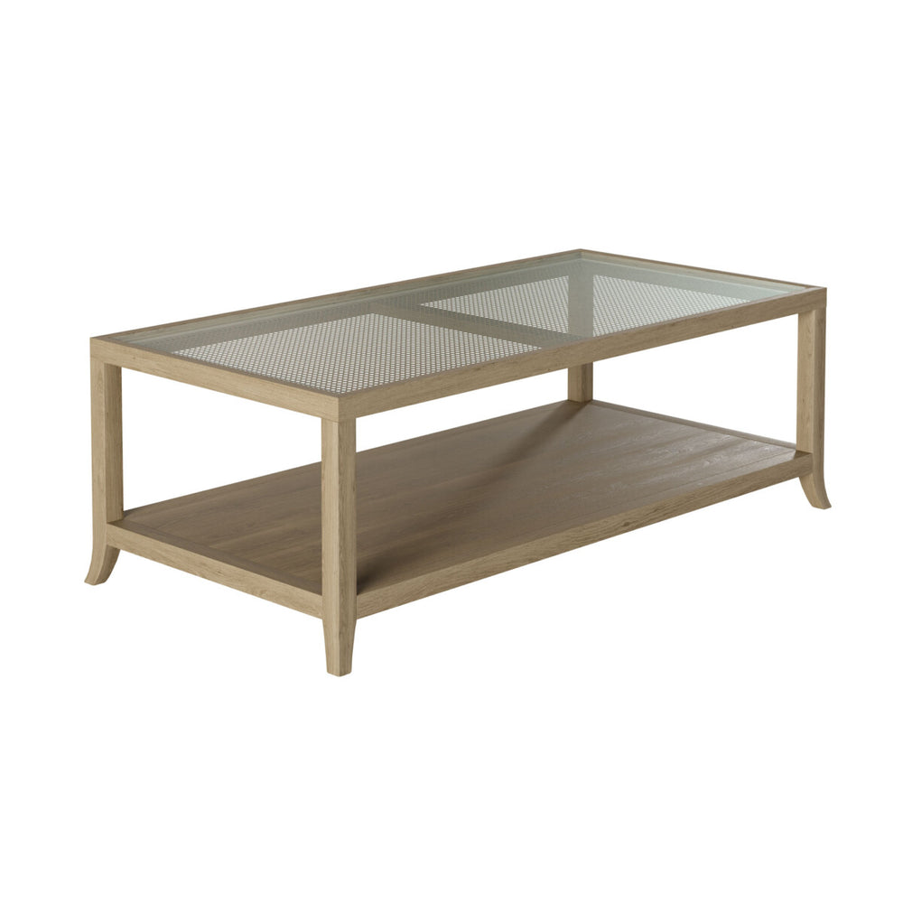 Coffee table with glass top and wooden shelf on a white background