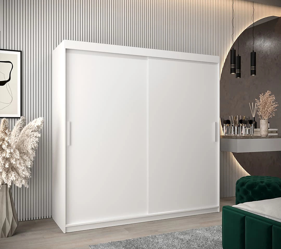 Tokyo Contemporary 2 Sliding Door Wardrobe 9 Shelves 2 Rails White Matt