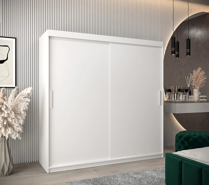 Tokyo Contemporary 2 Sliding Door Wardrobe 9 Shelves 2 Rails White Matt