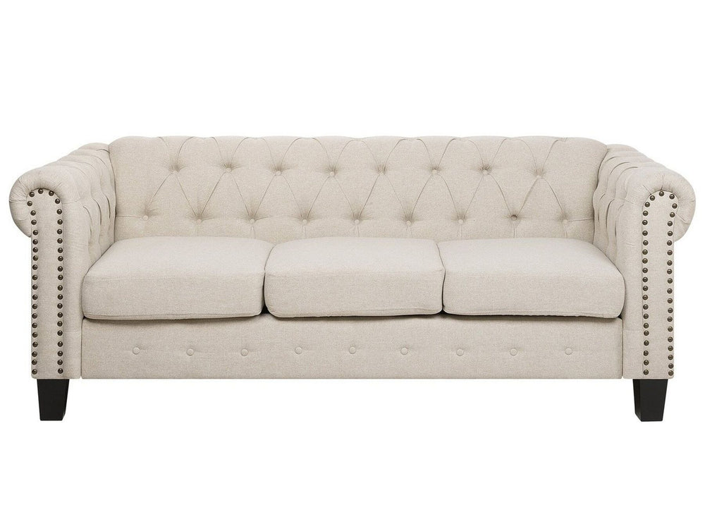 Chesterfield 3 Seater Fabric Sofa Nailhead Trim Beige