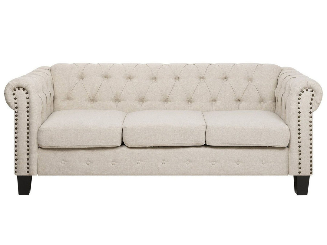 Chesterfield 3 Seater Fabric Sofa Nailhead Trim Beige