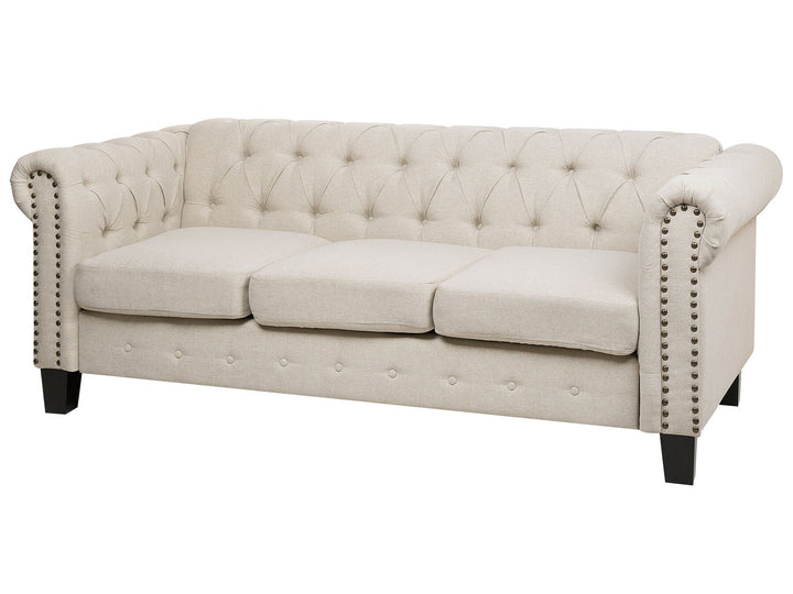 Chesterfield 3 Seater Fabric Sofa Nailhead Trim Beige