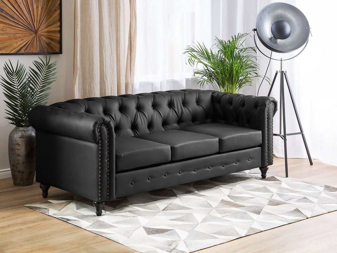 Chesterfield 3 Seater Faux Leather Sofa Black