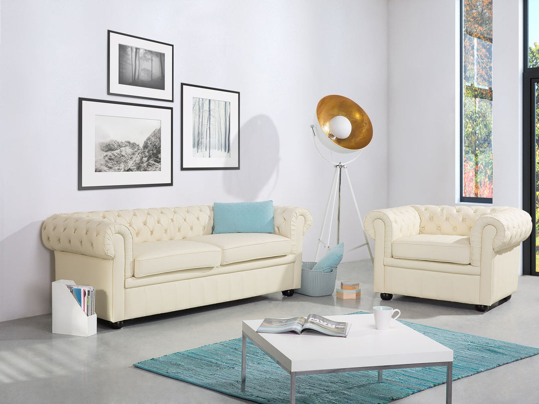 Chesterfield 3 Seater Leather Sofa Cream