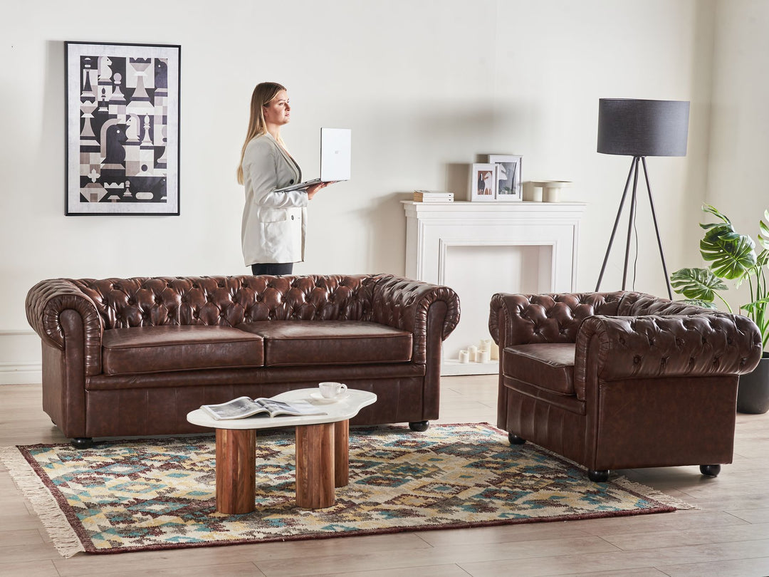 Chesterfield 3 Seater Sofa Faux Leather Golden Brown