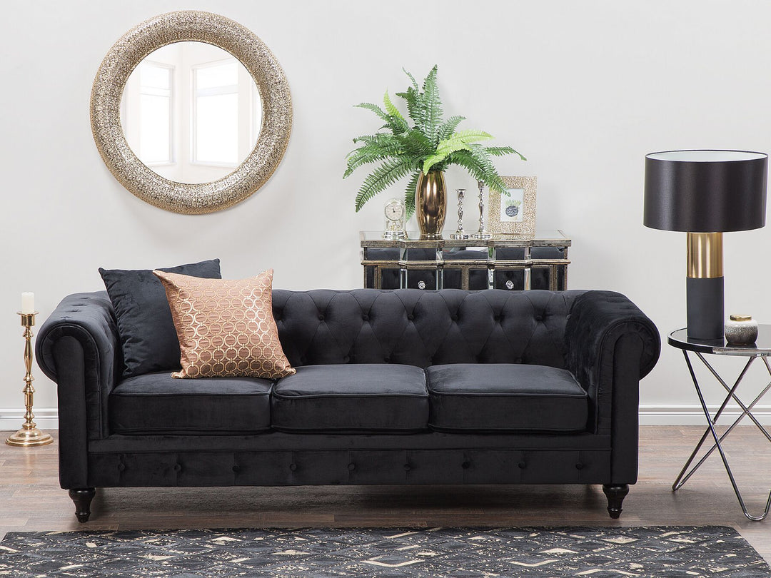 Chesterfield 3 Seater Velvet Fabric Sofa Black