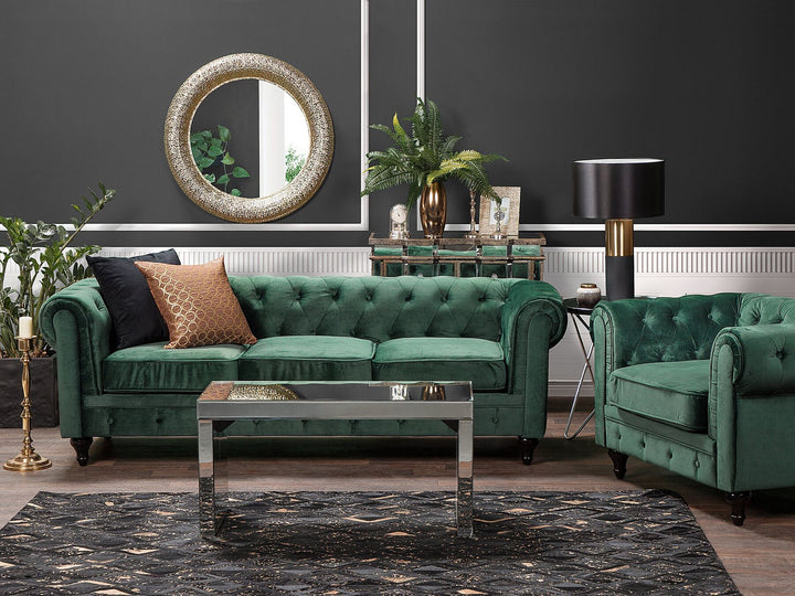 Chesterfield 3 Seater Velvet Fabric Sofa Green