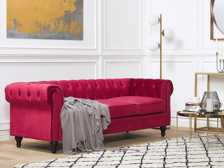 Chesterfield 3 Seater Velvet Fabric Sofa Red