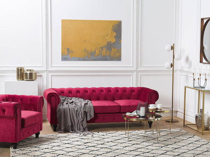 Chesterfield 3 Seater Velvet Fabric Sofa Red