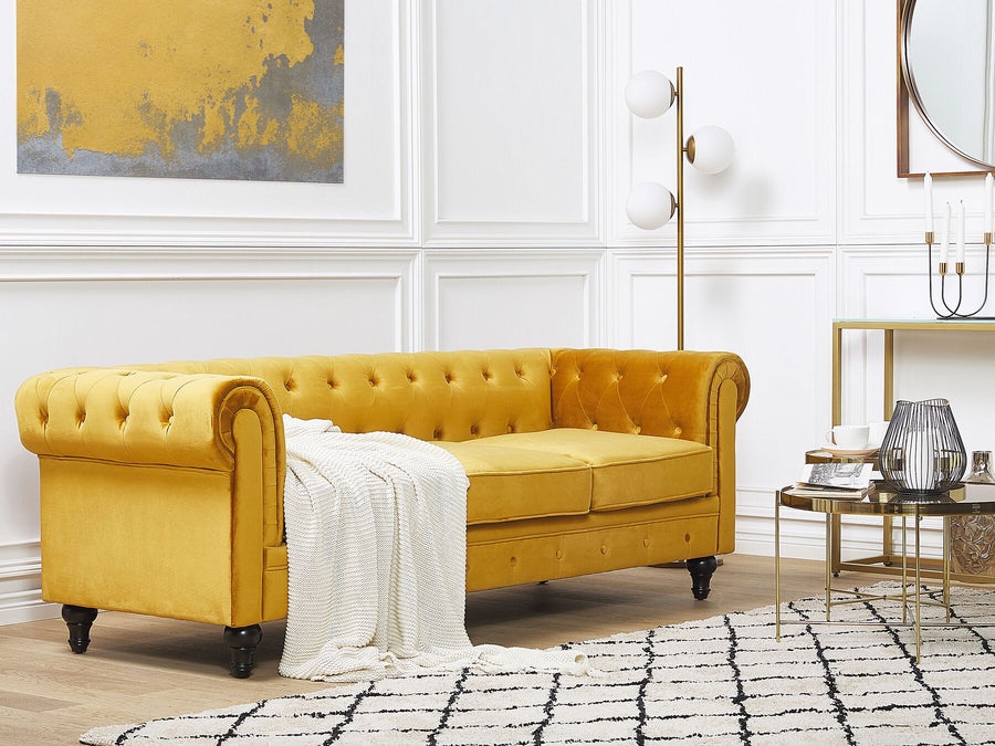 Chesterfield 3 Seater Velvet Fabric Sofa Yellow