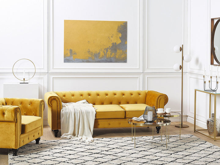 Chesterfield 3 Seater Velvet Fabric Sofa Yellow