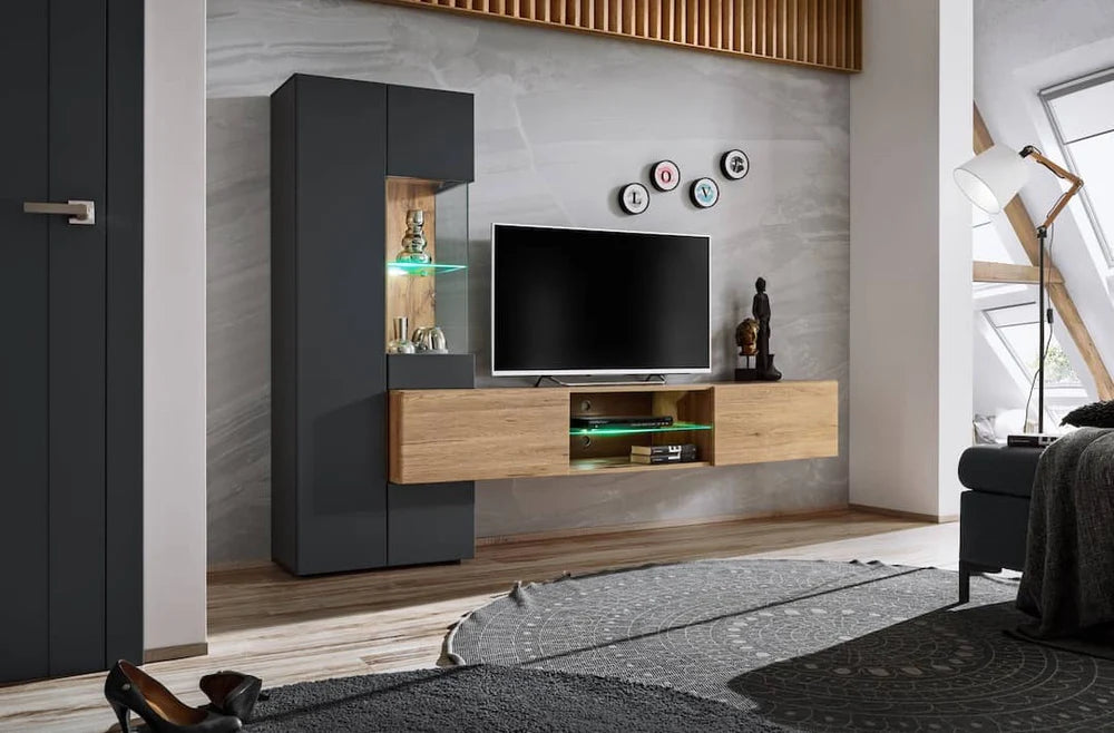 Chic Try Entertainment Unit - Functional Design in Oak and Anthracite with LED Lighting