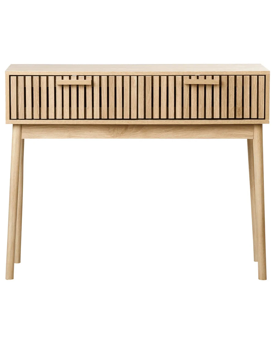Wooden console table with slatted design on a white background