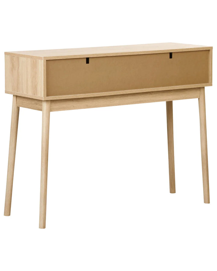 Wooden desk with a single drawer on a white background