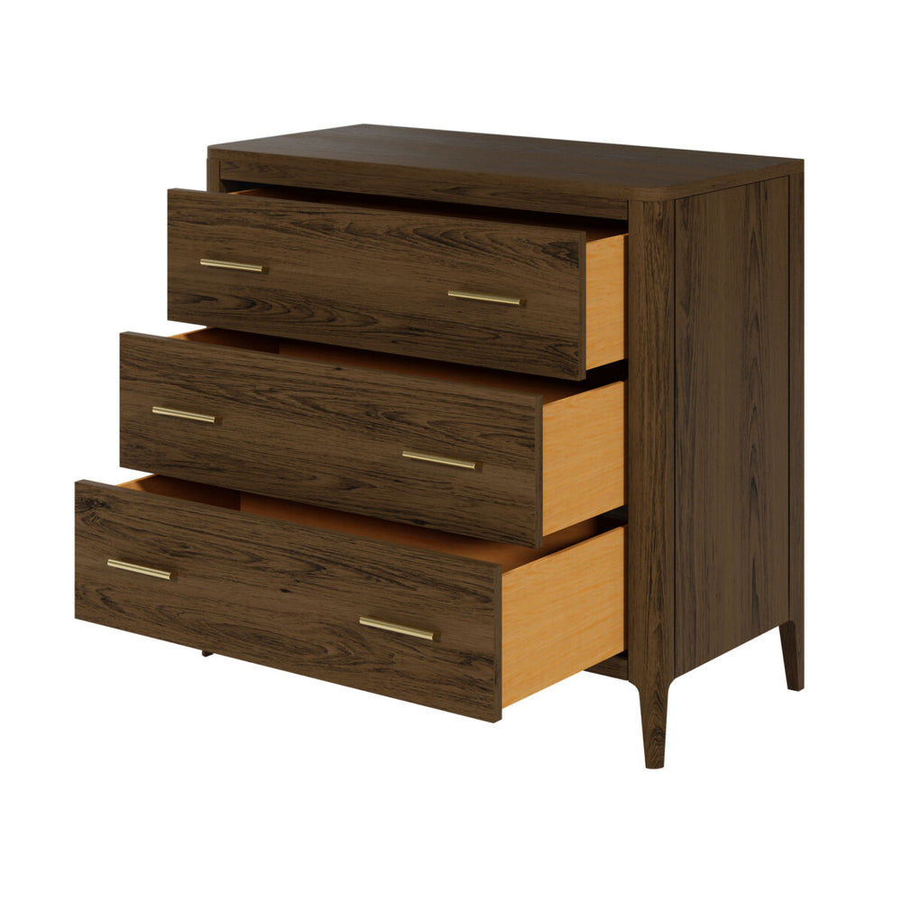 Wooden dresser with three drawers on a white background