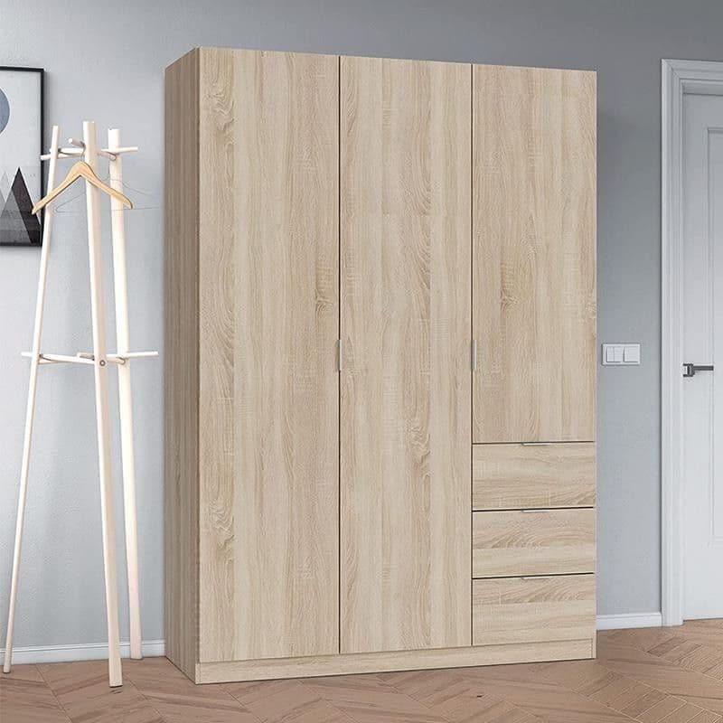 Wooden wardrobe with two doors and a drawer in a room with a coat rack.