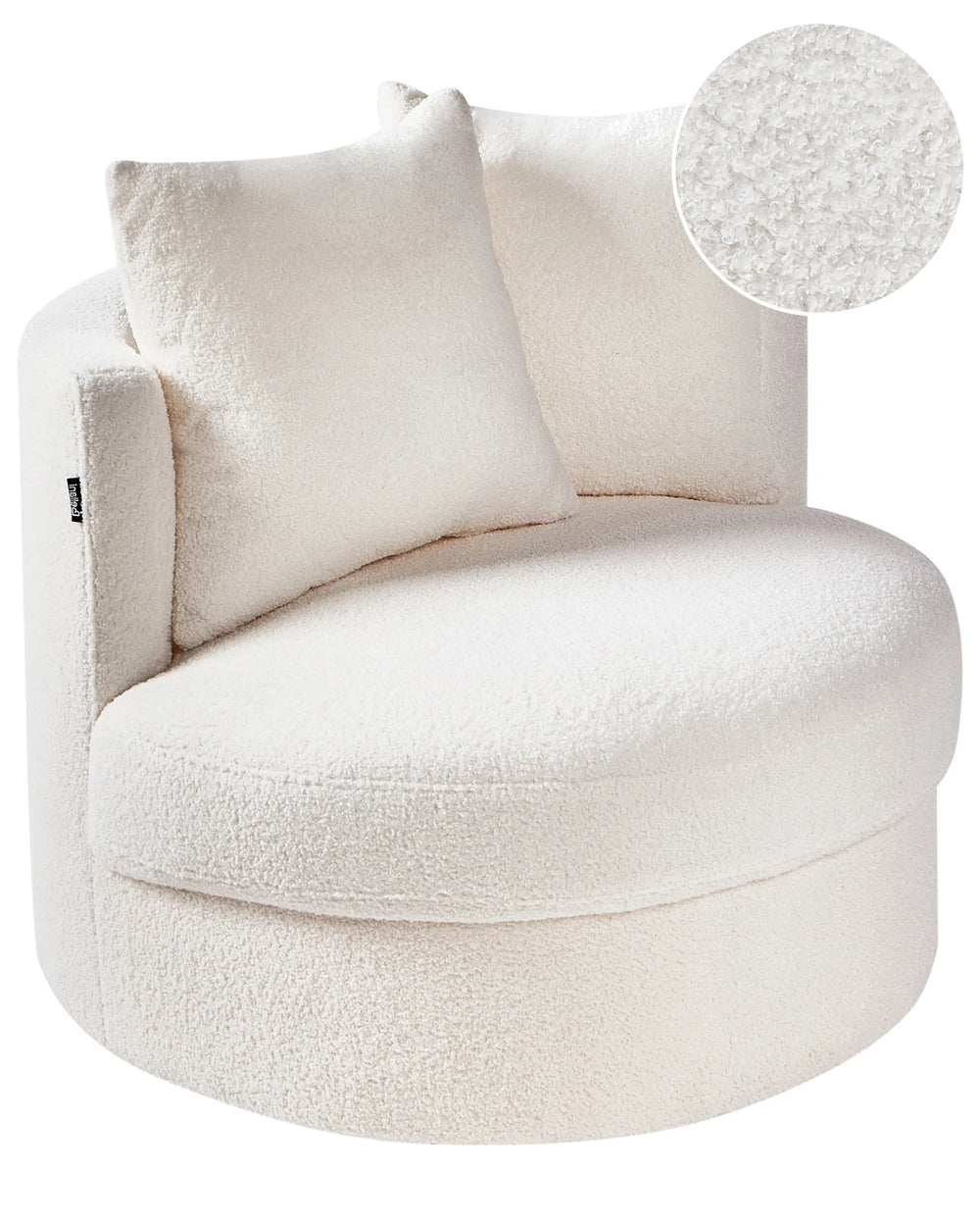 White plush armchair with a close-up of the fabric texture on a white background